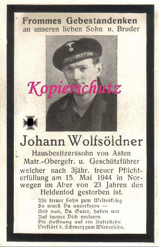 WW2 Death Card of Kriegsmarine member Johann Wolfsöldner.