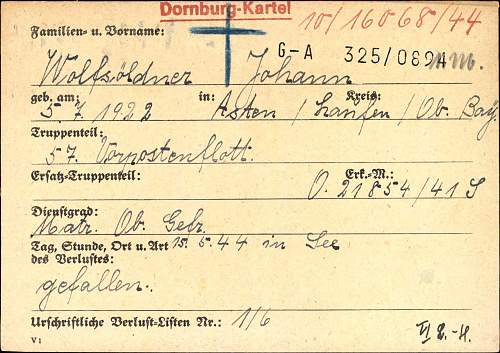 WW2 Death Card of Kriegsmarine member Johann Wolfsöldner.