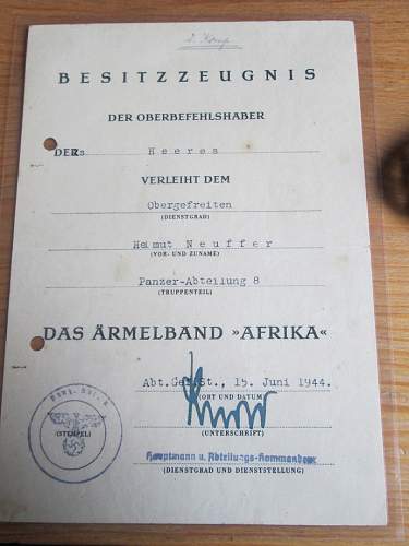 lot documents from the  panzer abteilung 8   AFRIKA