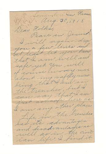 WW1 Era Letter Written by U.S. Soldier in The Trenches of France. He writes of feeling shaky after heavy shelling and more.