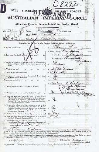 Pte Thomas Barnes Coleman 14th Battalion Australian Imperial Force