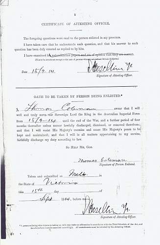 Pte Thomas Barnes Coleman 14th Battalion Australian Imperial Force