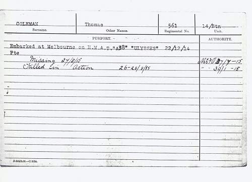 Pte Thomas Barnes Coleman 14th Battalion Australian Imperial Force