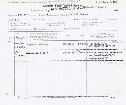 Pte Thomas Barnes Coleman 14th Battalion Australian Imperial Force